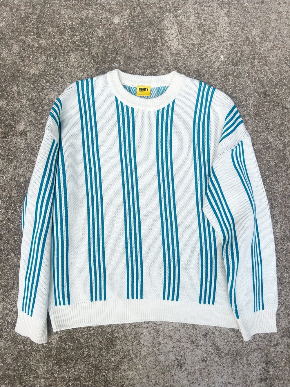 Vintage NEOITY White Knit Sweater Coastal Turquoise Striped Crewneck One Size